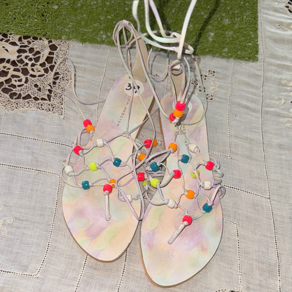 Sofia Webster Colorful Beaded Sandals Flip Flops 39 8.5 9 Neon Shoes Puff